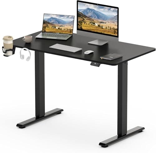 SANODESK Bureau Assis Debout Électrique 110 x 60 cm avec Plateau Complet, Bureau Debout Réglable en Hauteur avec Crochet/Porte-Bouteille Fonction Mémoire, Fonction de Rappel de Sédentarité, Noir