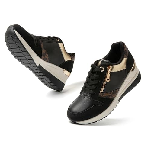 JOMIX Basket Femme Compensées Sneakers Femme Chaussures de Marche Femme Confortable Respirant Casual Fitness Gymnastique MD9796 (A Noir, 38)