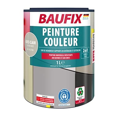 BAUFIX PEINTURE COULEUR 2en1 - Gris clair env. RAL 7044-1 litre - Pour l’intérieur & l’extérieur - Pour bois, zinc, fer, maçonnerie, béton, plaques en Eternit etc. - Séchage rapide