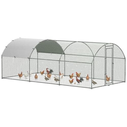 PawHut Grand enclos poulailler chenil volière extérieure 15,96 ㎡, Parc grillagé 2,8 x 5,7 x 1,97 m, Toit Anti-UV, Acier galvanisé, Porte verouillable, argenté