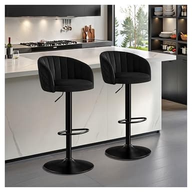 STOOLINK Tabouret de Bar Lot de 2 Chaise de Bar Tissu Velours de Lait, Chaises Bar Réglables avec Dossier et Accoudoir, Tabourets de Bar avec Repose-Pieds, Tabouret Bar pour Cuisine, Bar-Noir