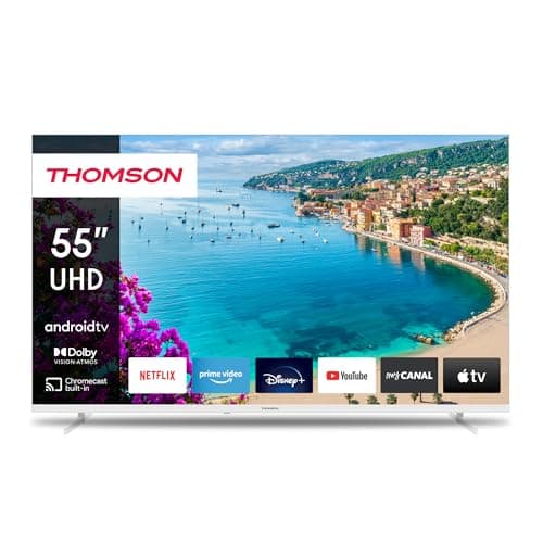 THOMSON 55 Pouces (139 cm) 4K Ultra HD Blanc Smart Android TV, Google Assistant, Wi-FI, Dolby Digital, Bluetooth, Triple-Tuner (Câble/Satellite/Antenne), HDMI, CI+, A+ Panneau – 55UA5S13W