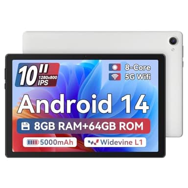 Tablette Android 14, Tablette 10 Pouce Processeur Octa-Core, 8GB+64GB(TF 1TB), 1280 x 800 HD IPS Tablette Wi-FI 6 Model/Widevine L1/5000mAh/Double Caméra/Identification Faciale Tablette PC - Blanc
