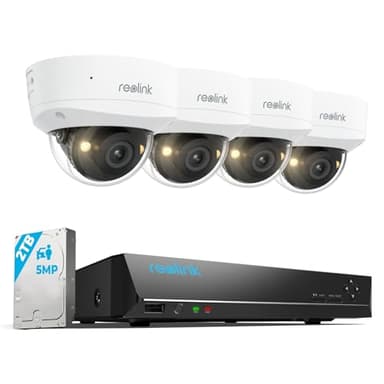 Reolink 5MP Kit Caméra de Surveillance PoE avec IK10 Anti-Vandalisme, Objectif 2,8mm, NVR 8CH 2To, Vision Nocturne Couleur, Détection Personne/Véhicule/Animal, Audio Bidirectionnel, IP67, RLK8-500V4