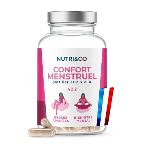 NUTRI & CO Confort Menstruel - PEA pour Règles Douloureuses & Gattilier Syndrome Prémenstruel SPM, Règles Apaisées & Bien Être Mental - Vitamine B12, Magnésium - 40 gélules Vegan - Fabriqué en France