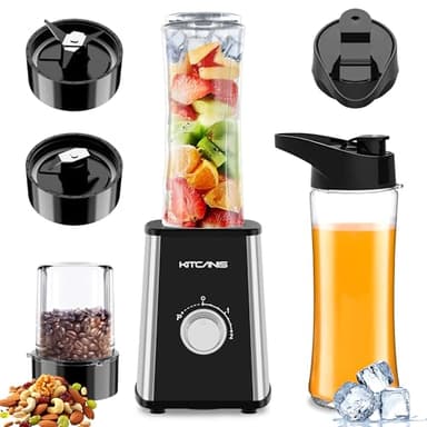 KITCANIS Mini Smoothie Maker 3 en 1, Mixeur électrique 800W, 3 vitesses réglables 2 bouteilles portables de 600 ml et 300 ml tasse de broyage pour glace, fruits, légumes, noix