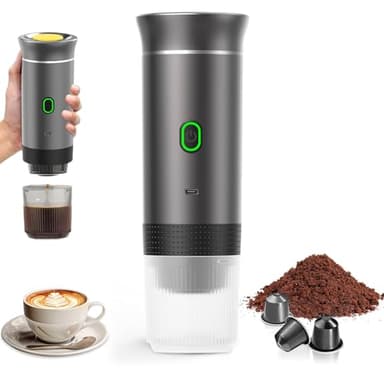 PZCC Machine à Cafe Portable,3 En1 Cafetière à Expresso Chauffage Électrique,12V Expresso Cafetière Rechargeable,Pour Bureau,Voyage,Maison,Compatible avec les Capsules Espresso et Café Moulu (Gris)