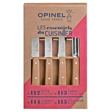 Opinel - Coffret de 4 Couteaux de Cuisine Les Essentiels - N°112 Office, N°113 Cranté, N°114 Légumes, N°115 Éplucheur - Lame Acier Inox - Hêtre Vernis Naturel