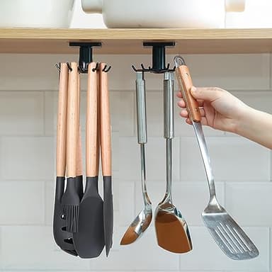 Nmgkokew Lot de 2 Porte Ustensiles Cuisine,Rotatif à 360° Support Ustensiles Cuisine,Sans Perçage Rangement Organiseur Rack avec 6 Crochets pour Cuisine/Bains/Garde-robe (Noir)