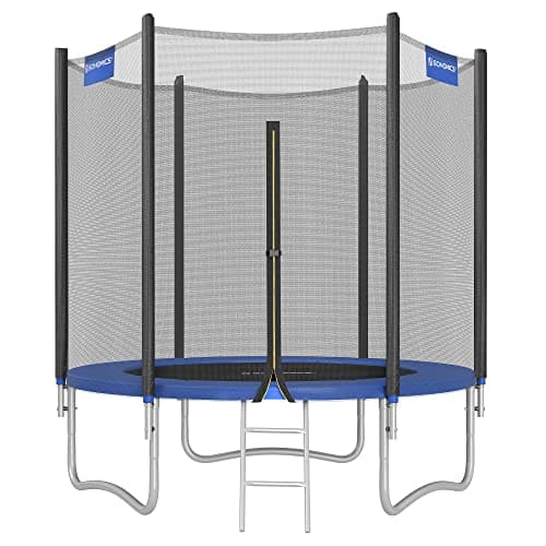 SONGMICS Trampoline Extérieur Enfant Diamètre 183 cm, Filet de Protection Externe, Coussins de Sécurité, Échelle, Poteau Droit de 180 cm de Haut, Cadre en Acier, Noir et Bleu STR061Q01