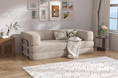 NIMBA LITERIE Canapé-lit Convertible Moderne, 200 x 90 x 34 cm, Beige Canapé-Lit Convertible Modulaire, Housse Lavable en Velours Côtelé Beige, avec Coussins Décoratifs