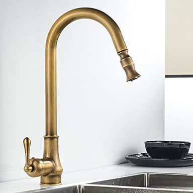Pull Out Kitchen Faucet Antique,360 Degree Swivel Spout Water Faucet in Brass,Single Hole Hot and Cold Water Swivel Pull Down Kitchen Faucet,Single Handle Kitchen Faucet