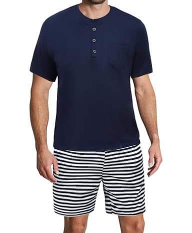 Demegimi Pyjama Court Homme Ete Vêtements de NUI Courtes colRond en Bouton Ensemble Pijamas Homme T-Shirts à Manches Courtes Short de Pyjama Rayé pour Hommes