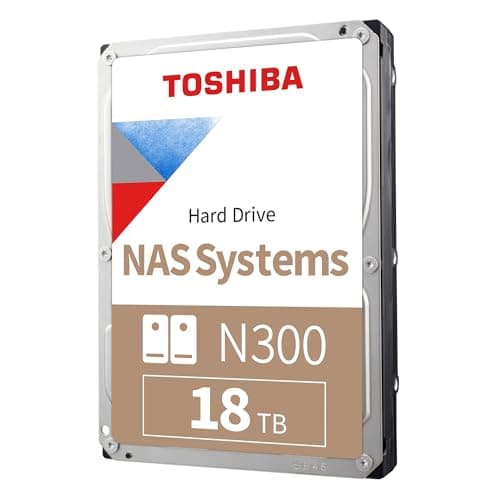 Toshiba N300 18TB Internal NAS Hard Drive, 3.5'' SATA HDD, 7200 RPM, 24/7 Operation, Supports 1-8 Bay Systems, 128MB Cache, 180TB/Year workload, 3yr Warranty (HDEXZ10ZNA51F).