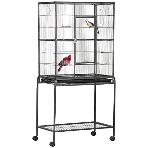 PawHut Cage à Oiseaux Portable avec 4 Mangeoires et 4 Perchoirs Pratique 77 x 47 x 163 cm Noir et Gris