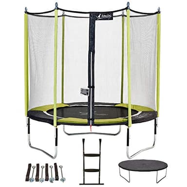 Kangui - Trampoline de Jardin 244 cm + Filet de sécurité + échelle + bâche de Protection + kit d'ancrage JUMPI Vert/Noir 250