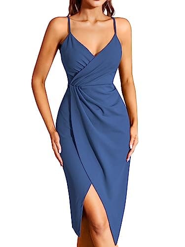 Missufe Robe de cocktail pour femme - Robe d'été - Robe midi festive élégante - Moulante - Sans manches - Bretelles spaghetti - Robe de soirée, Bleu foncé, M