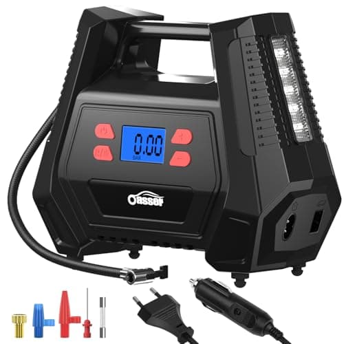Oasser Compresseur Voiture Compresseur à Air Portatif 12v 220V Gonfleur Pneus Voiture AC/DC Double Alimentation Maison ou Allume-Cigare 150PSI (10,3 Bar) avec Tuyau 60 cm pour Voiture Moto Vélo Balle