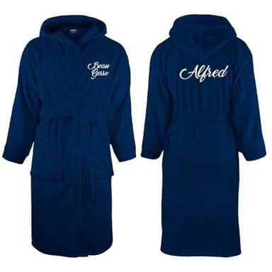 VANEVITCH Peignoir à capuche personnalisé avec un prénom, en éponge 340 gr 100% coton (XXL/3XL, Bleu marine)