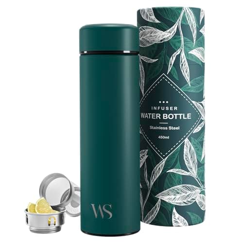 Bouteille d’eau isotherme à infusion thé & fruits + infuseur à fruit + passoire thé sans BPA | Thermos 450ml en acier inoxydable isolé sous vide | Gourde bureau extérieur école voyage sport – Teal