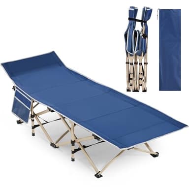 Yaheetech Lit de Camp Pliable 186x66x52 cm 1 Personne avec Pochettes Lit de Camping avec Sac de Transport Armature en Métal pour Extérieur Voyage Pêche Randonnée 150 kg de Charge Marine