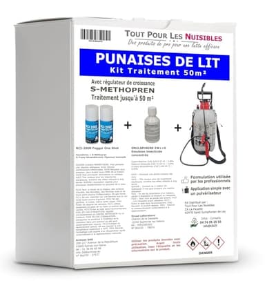 Kit traitement anti Punaises de lit pour 50 m² avec 1 Emulsphrine ew++s insecticide concentré avec régulateur de croissance S-Methoprene, 2 one-shot RCI 2000, 1 pulverisateur 5 litres