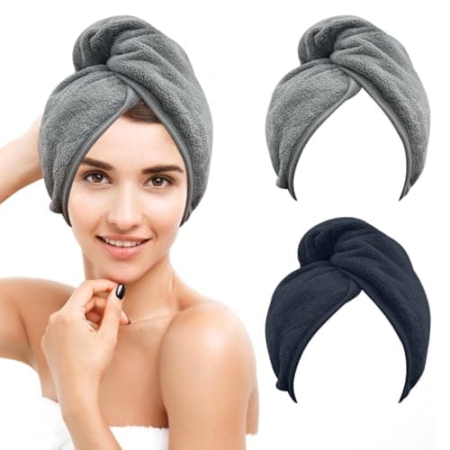 Nimisyra 2 Serviettes Turban Cheveux – Séchage Rapide Super Absorbant avec Bouton, Anti-Frisottis pour Cheveux Longs & Bouclés – Gris Clair & Bleu Marine – pour Bain, Spa & Voyage