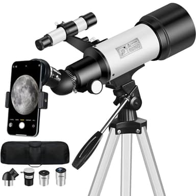 Mijiao Télescope Astronomique, 70mm Ouverture 400 Adulte Astronomie Telescope avec Adaptateur Trépied et Chercheur Télescopes Enfant de Voyage pour Débutants et Amateurs pour Observer la Lune (Blanc)
