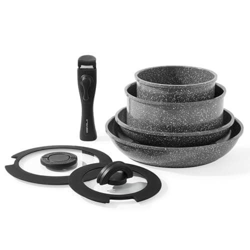 ESEVOLO Batterie de cuisine 7 pièces induction, Lot de Casseroles et Poêles avec poignées amovibles, Empilable, Revêtement Antiadhésif en Céramique sans PFAS, avec couvercle en verre, Gris