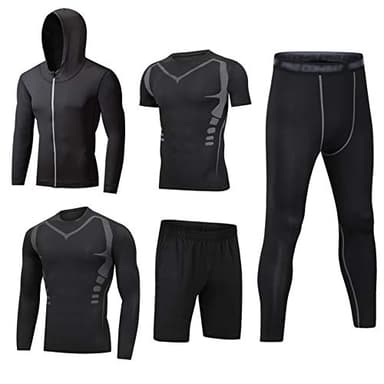 HZQIFEI Homme 5 Pièces Vêtements de Sport avec Hoodies Vestes Manches Courtes/Longues Shirt Compression Collant Short Séchage Rapide Workout Ensemble de Fitness Sportswear (Style#4, L)