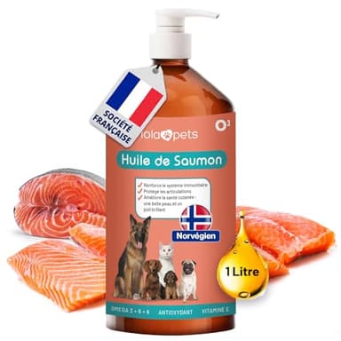 Huile de Saumon pour Chien et Chat 1 Litre - Saumon de NORVÈGE 100% Naturelle - Pressé à Froid - Riche en Omega 3+6+9 et Vitamine E | Pratique doseur (Rouge)