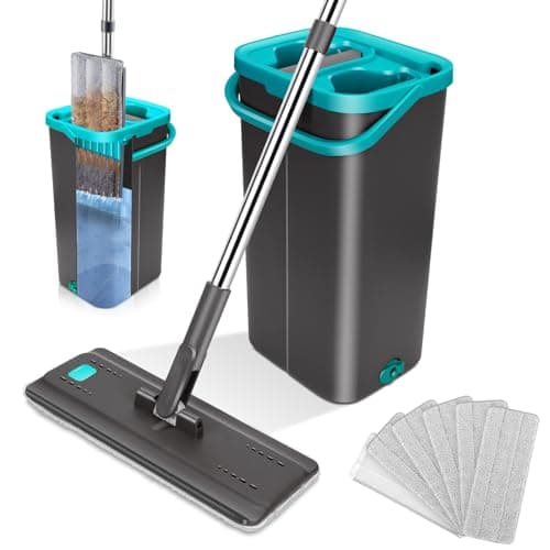 Myiosus Balai Serpillière Seau Essoreur, Serpillère Microfibre Rotatif 360° et Manche Réglable 140cm, Sceau Menage Essoreur avec Seau Double Bac, Balais Plat avec 6 Tampons pour Nettoyer Sol