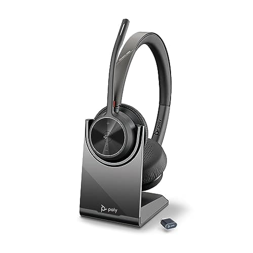 Micro-casque sans fil Poly Voyager 4320 UC et socle de chargement - Micro-casques binauraux avec perche microphone antibruit - Connexion à un PC/Mac/Téléphone portable via Bluetooth - Teams (certifié)
