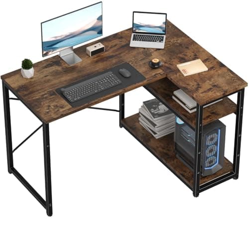 TRIUMPHKEY Bureau d'angle 110 × 80CM avec 3 Etagères Réversible à Gauche ou à Droite, Bureau Forme L pour Domicile, Marron