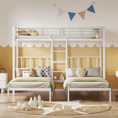 Zubaliya Lit superposé 3 Places 90x200 cm avec échelle,lit Mezzanine 3 Places pour Enfants et Adolescents,lit Enfant avec Barriere en Fer avec barrière de sécurité et Table (White)