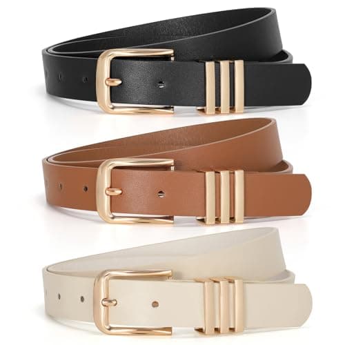 JasGood Lot de 3 ceintures en cuir pour femme - Ceinture tendance - Ceinture mignonne pour femme - Jeans - Pantalons, Noir + marron + beige (boucle dorée), 130cm: Für Größe 109cm-120cm