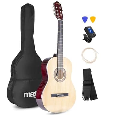 Max SoloArt - Guitare Classique Adulte Débutant - Bois Naturel, Cordes en Nylon, Livré avec un Tuner Digital, un Sac de Transport et une Sangle, Idéal pour Musiciens Débutants