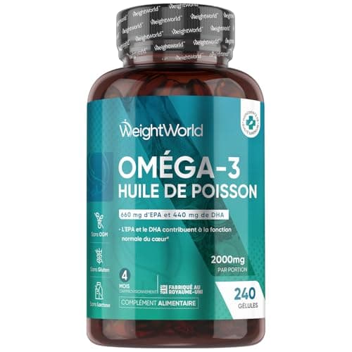 Oméga 3 Huile de Poisson Gélules 2000mg, 240 Gélules pour 4 Mois - avec EPA 660mg & DHA 440mg, Fish Oil Omega 3 sans Odeur, Selon l'EFSA, l'EPA et le DHA Contribuent au Fonctionnement Normal du Cœur