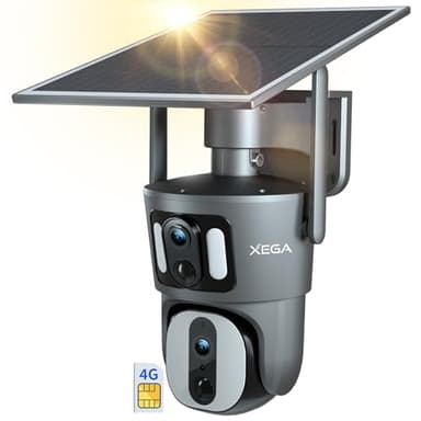 Xega 4G LTE Caméra de Sécurité Extérieure à 【Double Objectif】 sans WiFi à énergie Solaire sans Fil Extérieure 1080P Vue à 360 ° Double écran Couleur Vision Nocturne Audio Bidirectionnel IP66