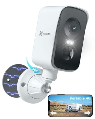 COCOCAM Portable Magnétique 4G Camera Surveillance Sans Fil, 2K Caméra Interieur/Exterieur pour RV/Camping/Voyage, Pan 300°, Batterie 10000mAh, Détection Humaine PIR&AI, Carte SIM Intégrée (SANS WIFI)