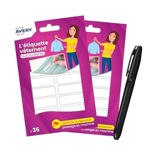 Avery étiquettes autocollantes Vêtements Blanches avec Marqueur – Lot de 72 (2 x 36) – Format 1,3 x 4,5 cm – autocollant Personnalisables, Résistant et Lavables pour Enfants