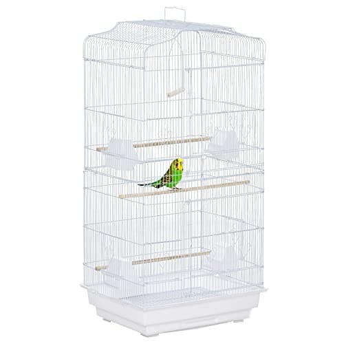 Pawhut Cage à Oiseaux volière avec mangeoires perchoirs Plateau excrément Amovible Cage pour canaris perruches perroquets 46,5 x 35,5 x 92 cm Blanc