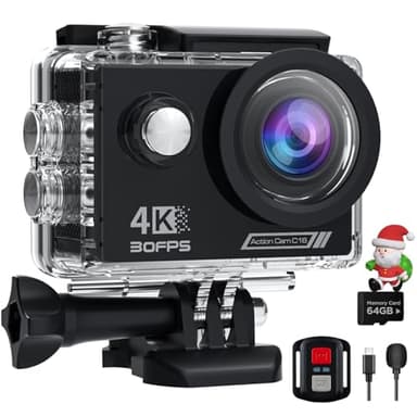 Caméra Sport 4K avec 64GB Carte,131ft Caméra sous Marine 20MP Caméra Étanche,WiFi Camera Casque Moto avec EIS,Camera Action avec Télécommande,2 Batteries,Kit d'Accessoire.