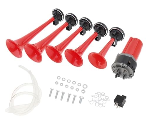 Lot de 5 trompettes musicales 125 dB - 12V - Avec compresseur - Pour voiture, camion, bateau, bus