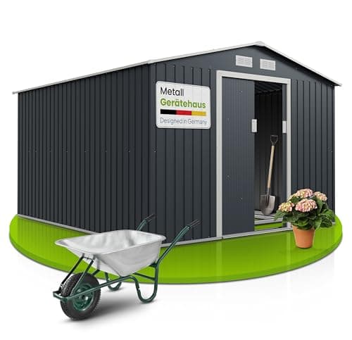 Juskys Abri à Outils en métal de 15m³ avec Toit en Pente, Porte coulissante et Fondation - 277×319×192cm - Abri de Jardin (Anthracite)(XXL)