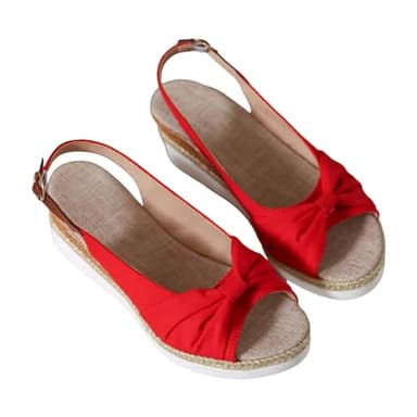 Sandales en cuir pour femme - Espadrilles compensées avec nœud sur tricot - Bout ouvert - Sandales à bride arrière - Sangle de cheville - Sandales de plage respirantes et confortables, Rouge, 43 EU