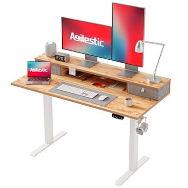 Agilestic Bureau Assis Debout Électrique avec 2 tiroirs, 120 x 60 cm Bureau Table Debout Réglable en Hauteur, Panneau Contrôle à Fonctions Mémoires et Système Anti-Collision, Brun Clair