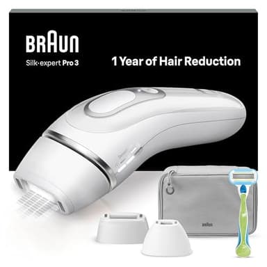 Braun Silk·expert Pro 3 Épilateur À Lumière Pulsée, Épilation Semi-Définitive, Pour Jusqu'à 1 An De Peau Douce, Alternative Douce Au Laser, Pochette, Rasoir Venus, 2 Têtes, Blanc/Argent, PL3122