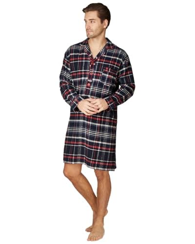 Haigman Chemise de nuit pour homme 100 % coton brossé à manches longues, Bleu marine/carreaux rouges, XL