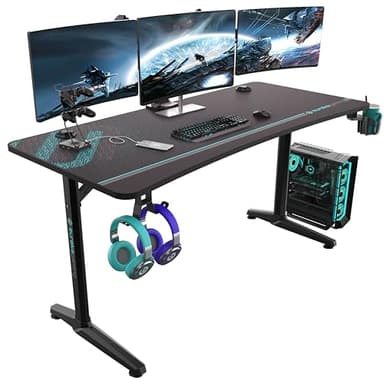 EUREKA ERGONOMIC Bureau Gaming 152x70cm Bureau Gamer Bureau Informatique PC Grand avec Tapis de Souris, Porte-gobelet,Crochet pour Casque et Support de Manette